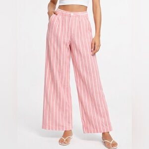 AERIE PINK WHITE STRIPED LINEN BLEND WIDE LEG PANTS HIGH RISE BEACH SUMMER / SM